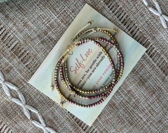 Set of 3 adjustable slipknot beaded bracelets, metallic pink, gold & silver tone 3mm seed beads, Brazilian cord, 6-7in wrist