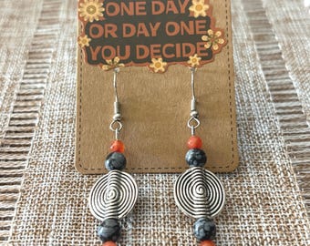 Handmade earrings with black and orange gemstones