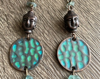 One of a kind, handmade dangle earrings with Buddha charm and apatite gemstones
