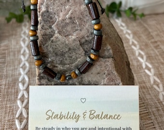 Handmade men’s adjustable beaded bracelet, wood beads and hematite stones, Brazilian cord, ~7-9in wrist—Comes with Stability & Balance card