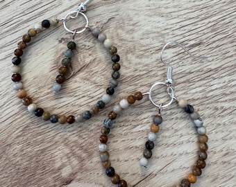 Handmade beaded hoop earrings with natural stones, approx. 1.25 inch hoop