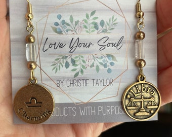 Handmade Libra zodiac earrings with aquamarine gemstones