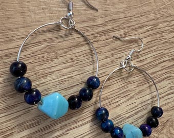 Handmade hoop earrings with natural stones, approx. 1.75 inch hoops