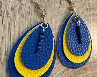 Handmade Michigan Wolverines earrings with faux leather pieces and natural gemstone beads, approx. 2 inch