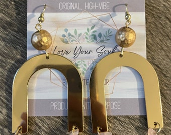 One of a kind handmade earrings with alloy beads and rose quartz gemstones