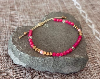 Handmade adjustable slipknot beaded bracelet, gold tone heart beads, faceted pink & opal color beads, Brazilian cord, 6-7in wrist