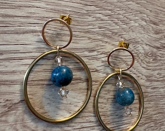 Handmade hoop earrings with circle studs, kyanite gemstones and glass beads
