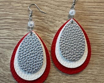 Handmade Ohio State Earrings, Faux Leather, Quartz Gemstones (2 inches)