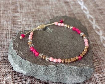 Handmade adjustable slipknot beaded bracelet, gold tone heart beads, faceted pink & opal color beads, Brazilian cord, 6-7in wrist