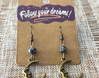 Handmade earrings with grey/black obsidian and moon pieces