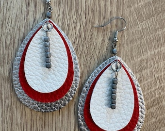 Handmade Ohio State Leather Earrings, Hematite Stone Teardrop (2 inches)
