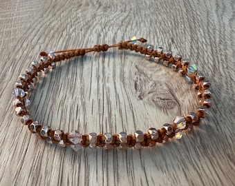 Handmade beaded macrame adjustable bracelet, gold tone beads, glass crystal beads, brown Brazilian cord, fit 6.5-7.5 inch wrist