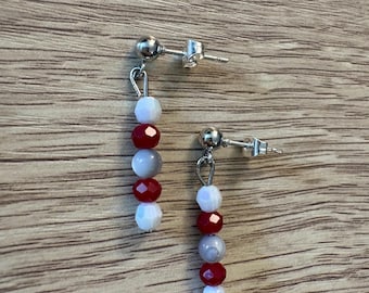 Handmade Ohio State Earrings, Silver Tone Studs, Mother of Pearl, Glass Beads