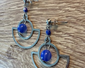 Handmade earrings with silver tone studs, natural stones and glass beads