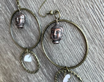 One of a kind handmade hoop dangle earrings with Buddha charms and rose quartz gemstones