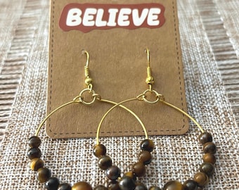 Handmade hoop earrings with tigers eye gemstones (about 1.75 inch hoops)