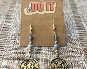 Handmade Gemini zodiac earrings with smoky quartz and agate gemstones