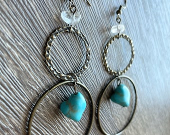 One of a kind handmade hoop earrings with turquoise and clear quartz gemstones