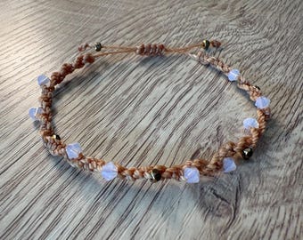 Handmade beaded macrame adjustable bracelet with gold tone and glass beads and light tan Brazilian cord, fit 6-7 inch wrist