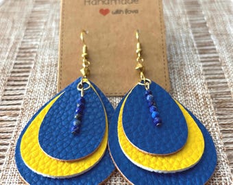Handmade Michigan Wolverines earrings with faux leather pieces and natural gemstone beads, approx. 2 inch