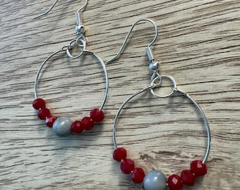 Handmade Ohio State Hoop Earrings, Mother of Pearl, Red Glass Beads (1 inch)