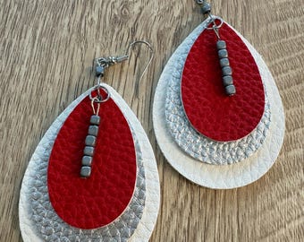 Handmade Ohio State Earrings, Faux Leather, Hematite Stones (2 inches)
