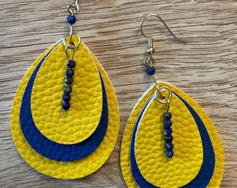 Handmade Michigan Wolverines earrings with faux leather pieces and natural gemstone beads, approx. 2 inches