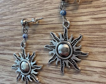 Handmade sun earrings with silver tone studs and natural gemstone beads