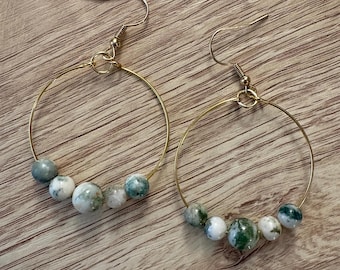 Handmade hoop earrings with moss agate natural stone beads, approx. 1.75 inch hoops