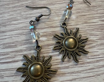 Handmade sun earrings with citrine gemstones and glass beads