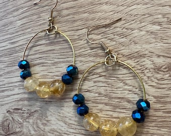 Handmade Michigan Wolverines Hoop Earrings, Citrine & Blue Glass Beads (1.25 inch)