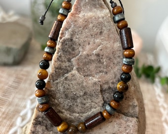 Handmade men’s adjustable beaded bracelet, wood and tiger’s eye stones, Brazilian cord, ~7-9in wrist—Comes with Strength & Resilience card