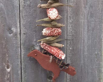 Primitive Autumn Fall Halloween Crow Corn Cob Okra Twine Cupboard Hang