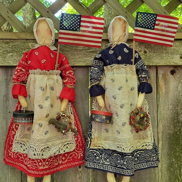 Primitive Americana Patriotic Folkart Farmhouse Prairie Girl Dolls