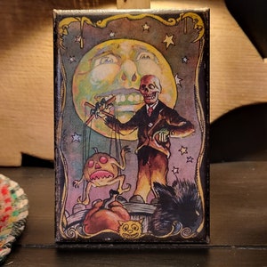 Primitive Halloween Vintage Postcard Print Skeleton Moon Pumpkin Cat Canvas Cupboard Tuck