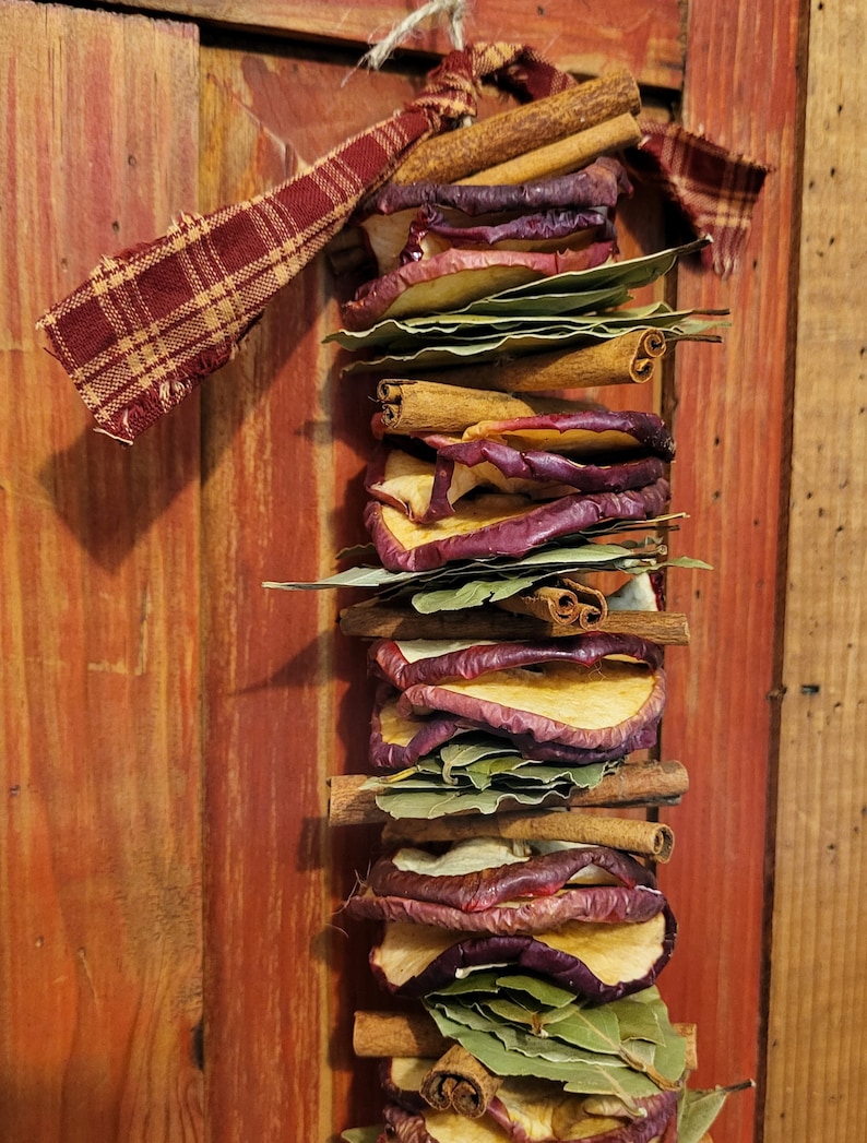 May include: A rustic, homemade garland made with dried apple slices, cinnamon sticks, and bay leaves. The garland is tied with a red and brown plaid ribbon and is hanging on a wooden door.