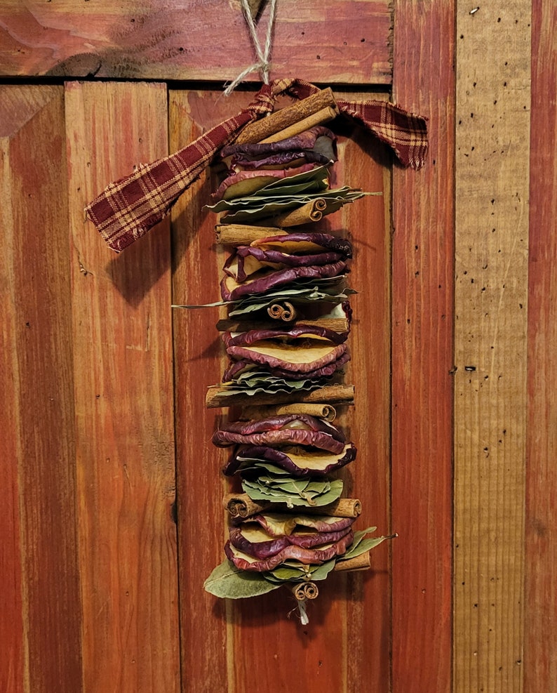 May include: A rustic, homemade ornament made with dried apple slices, cinnamon sticks, and bay leaves. The ornament is tied with a red and black plaid ribbon and hangs from a string.