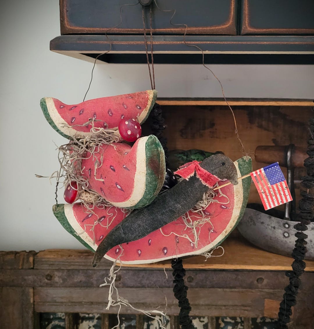 Primitive Farmhouse Folk Art Watermelon Mushroom Crow Cupboard Hang - Etsy