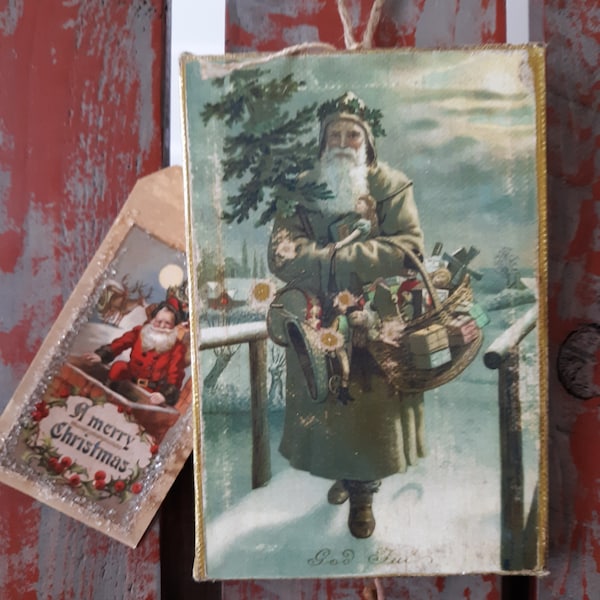 Primitive Old World Santa Crossing Bridge Canvas