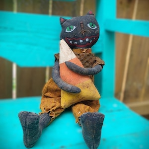 Primitive Fall Autumn Halloween Black Cat Candy Corn Doll