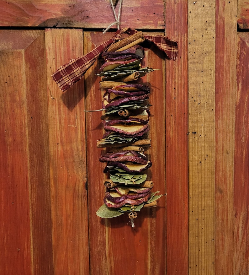 May include: A rustic, homemade ornament made with dried apple slices, cinnamon sticks, and bay leaves. The ornament is tied with a plaid fabric ribbon and hangs from a wooden surface.