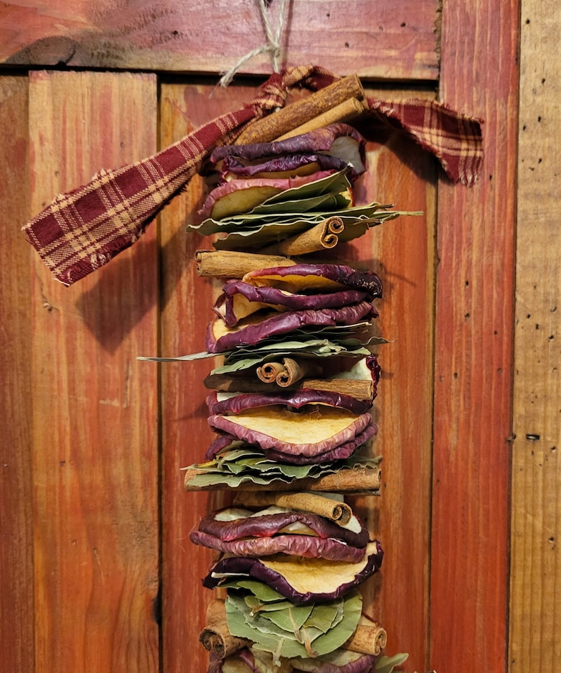 May include: A dried fruit and spice garland with cinnamon sticks, dried apple slices, and bay leaves tied together with a red and white plaid ribbon.
