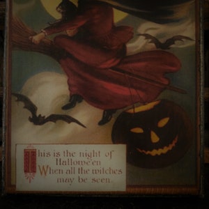 Primitive Halloween Vintage Postcard Print Witch Broom Moon Bats Jack-o ...