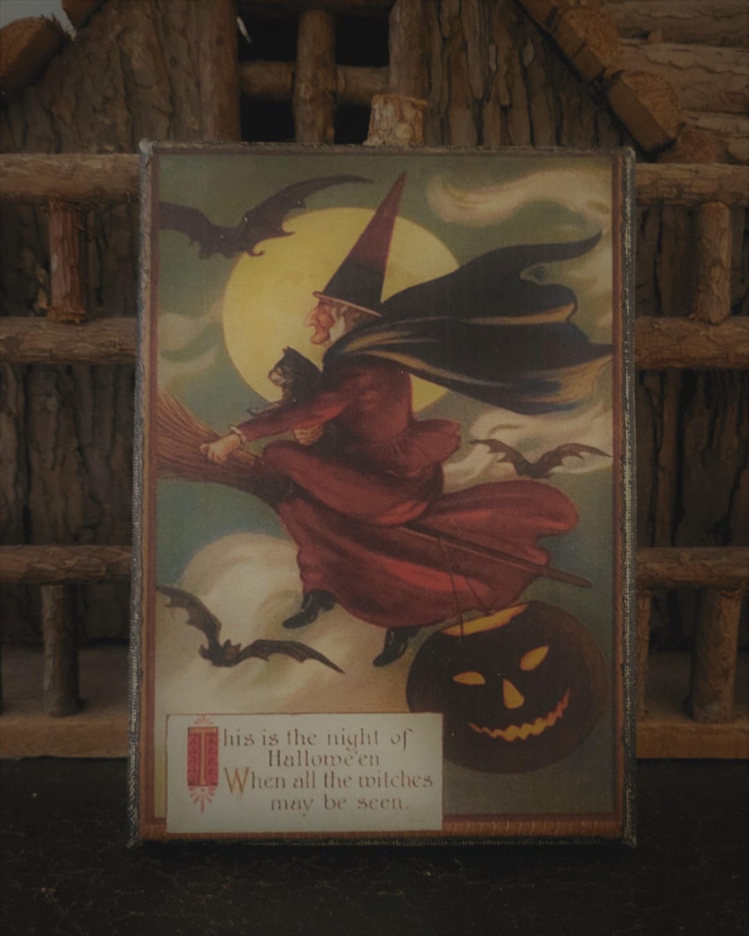 Primitive Halloween Vintage Postcard Print Witch Broom Moon Bats Jack-o ...