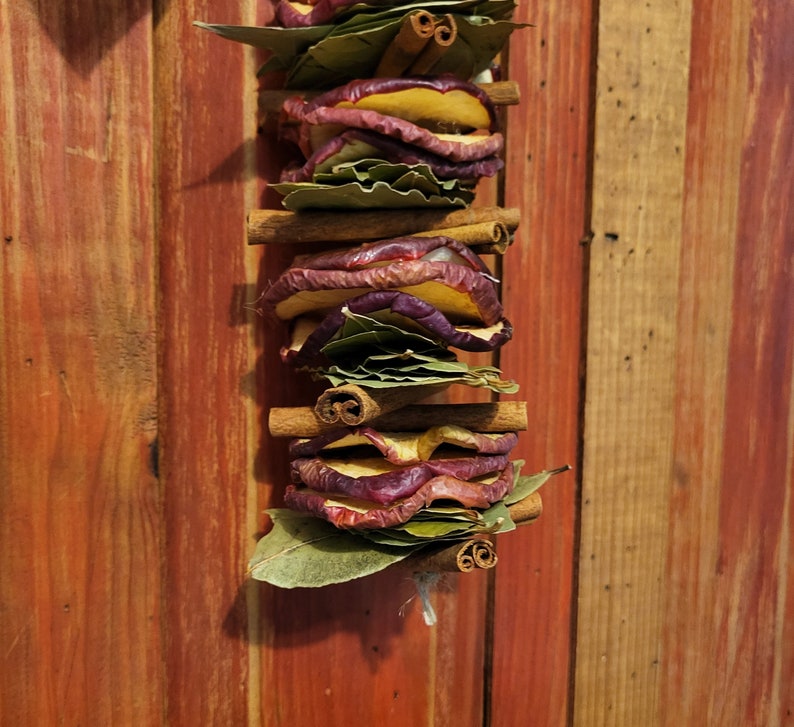 May include: A stack of dried apple slices and cinnamon sticks, layered with green leaves, hanging on a wooden wall.