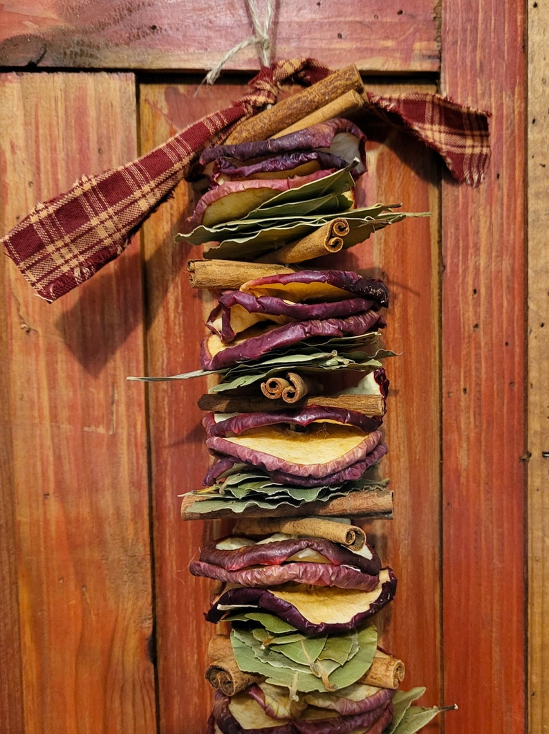 May include: A rustic, homemade, fall-themed garland with dried apple slices, cinnamon sticks, and bay leaves tied together with a plaid fabric ribbon.