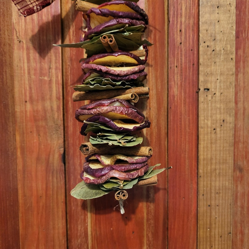 May include: A dried apple and cinnamon stick garland with green leaves. The garland is hanging from a red and white plaid ribbon.