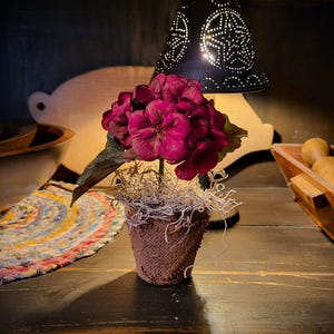 May include: A small, decorative potted plant with deep magenta flowers and green leaves. The pot is wrapped in a textured, brown material and filled with decorative, light-colored strands. The arrangement sits on a dark wooden surface.