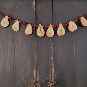 May include: A rustic garland featuring dried pear slices and small red berries strung together. The garland is accented with plaid fabric ribbons on each end, creating a charming, natural aesthetic. The garland is displayed against a dark wooden cabinet.