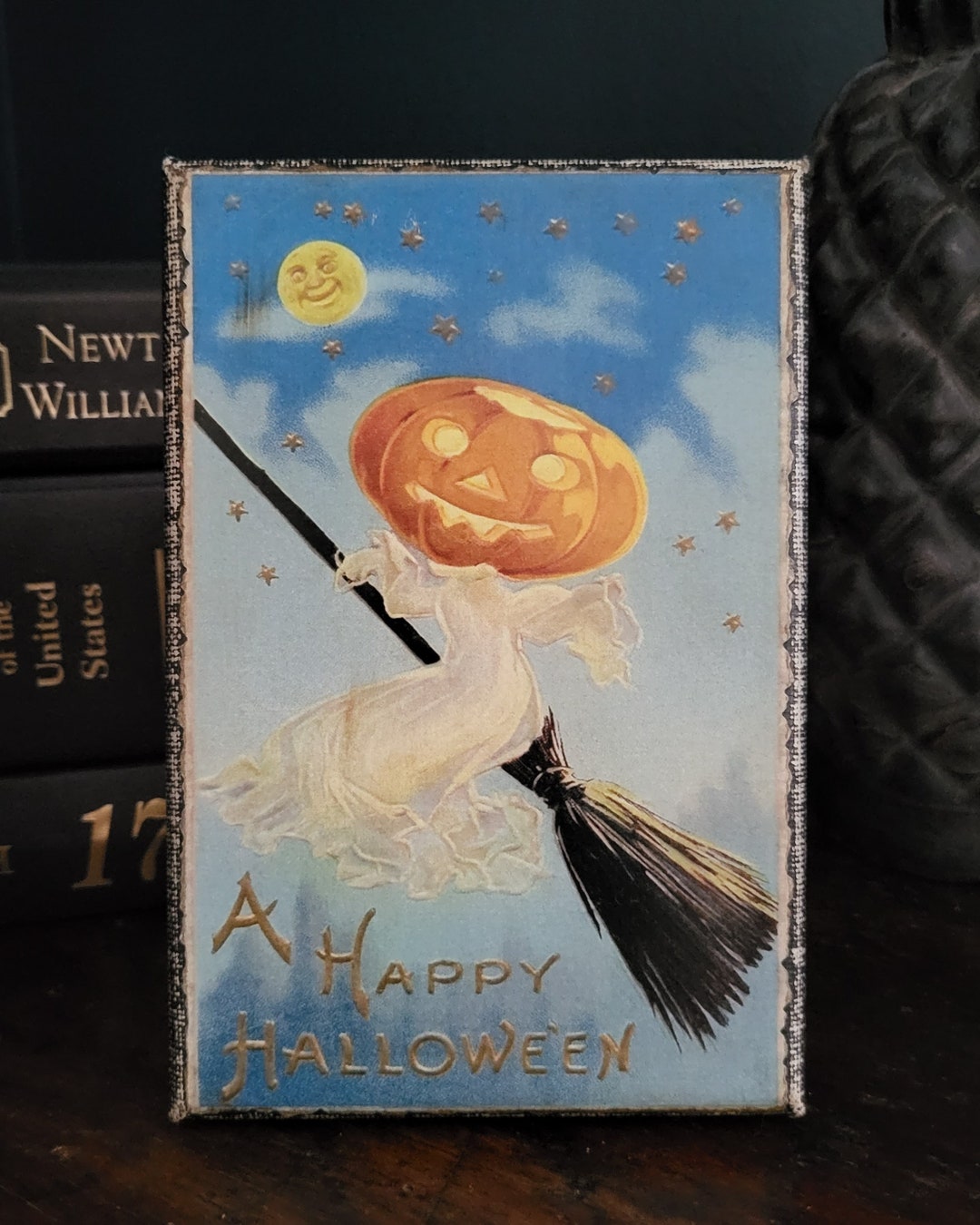 Primitive Halloween Vintage Postcard Print Witch Moon Owl Pumpkin Jack ...